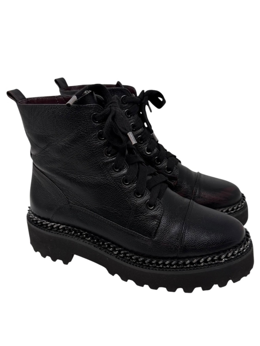 Vince Camuto Mindinta Black Burgundy Leather Chain Combat Boots 7.5 Lace Up Zip